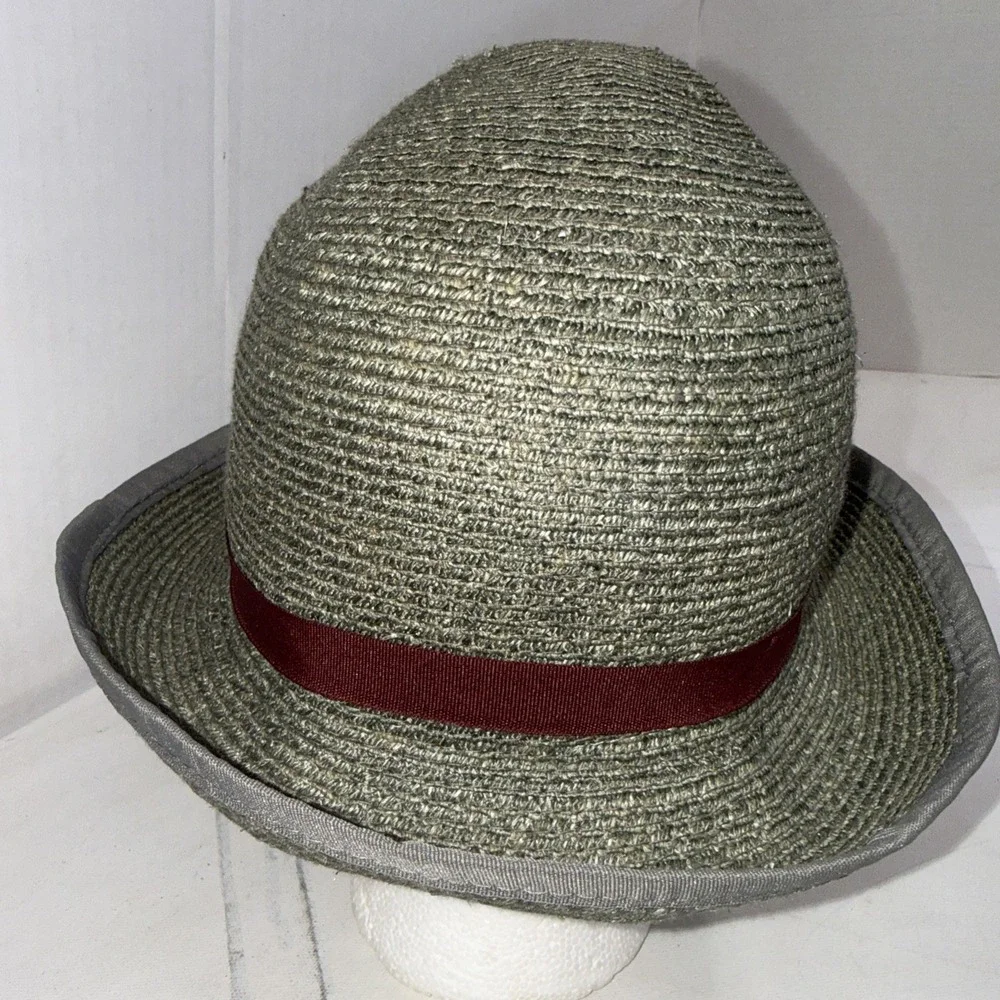 Goorin Bros Paper Woven Straw Fedora Hat Olive Green Burgundy Band Adult Small